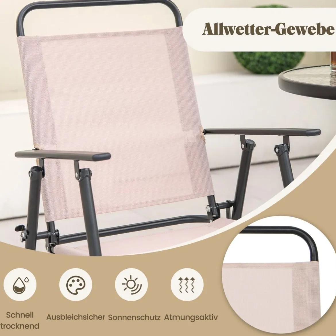 4 tlg. Outdoor Bar-Set Runder Bartisch mit 2 Klappbaren Barhockern & Sonnenschirm Beige