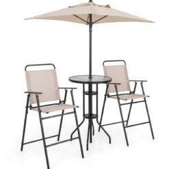 4 tlg. Outdoor Bar-Set Runder Bartisch mit 2 Klappbaren Barhockern & Sonnenschirm Beige