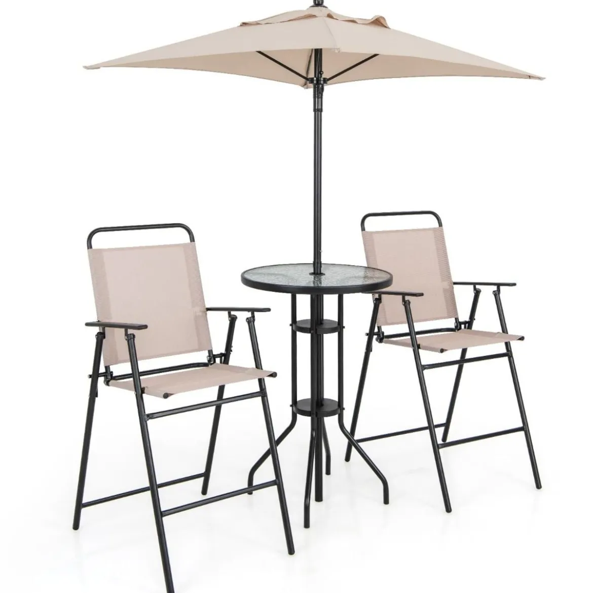 4 tlg. Outdoor Bar-Set Runder Bartisch mit 2 Klappbaren Barhockern & Sonnenschirm Beige