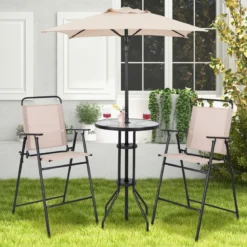 4 tlg. Outdoor Bar-Set Runder Bartisch mit 2 Klappbaren Barhockern & Sonnenschirm Beige