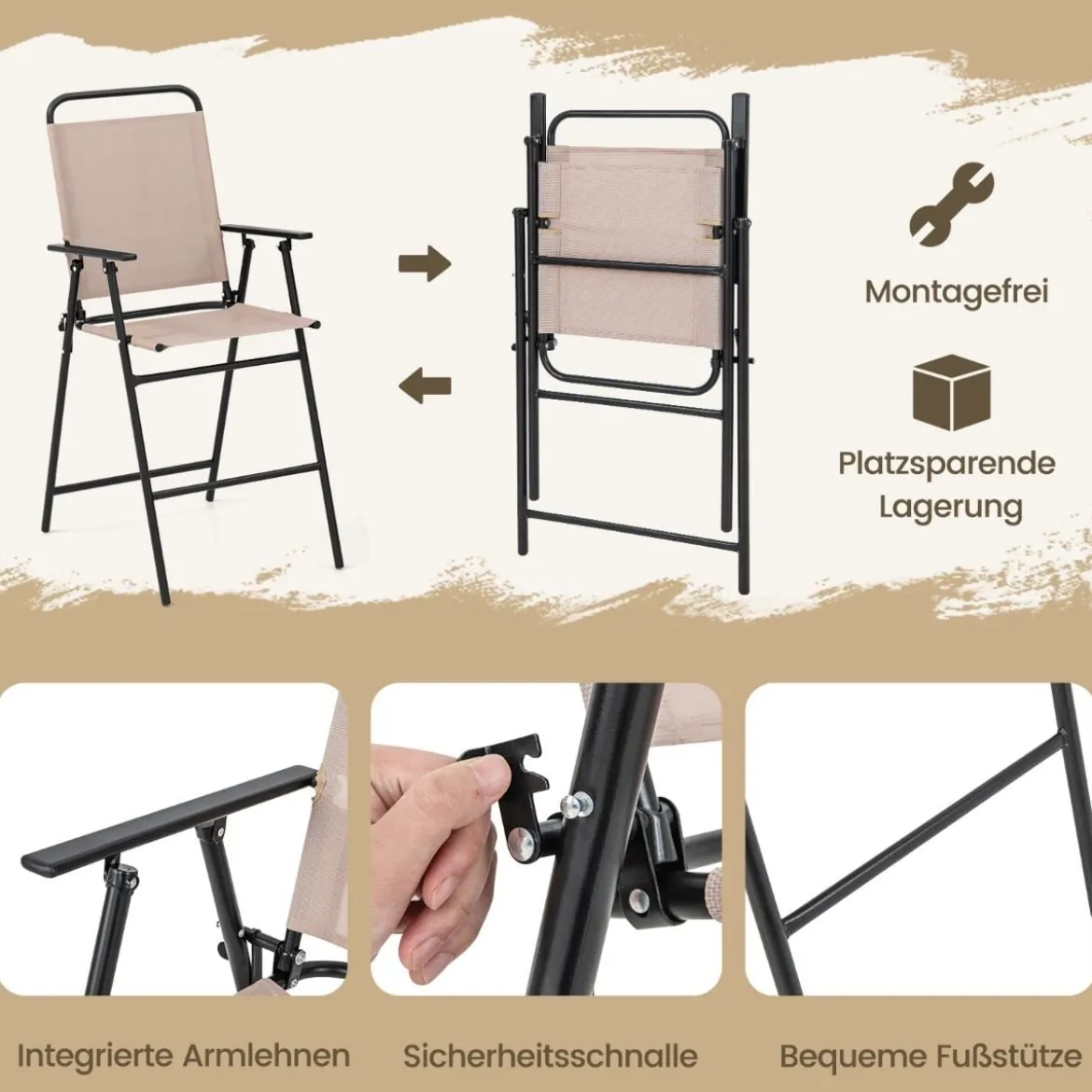 4 tlg. Outdoor Bar-Set Runder Bartisch mit 2 Klappbaren Barhockern & Sonnenschirm Beige