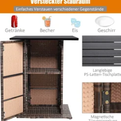 5 TLG. Outdoor-Rattan-Bar-Set Rattan Gartenbar Set Bartisch mit 4 Barhockern & Kissen