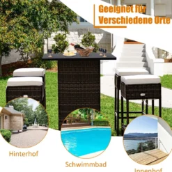 5 TLG. Outdoor-Rattan-Bar-Set Rattan Gartenbar Set Bartisch mit 4 Barhockern & Kissen