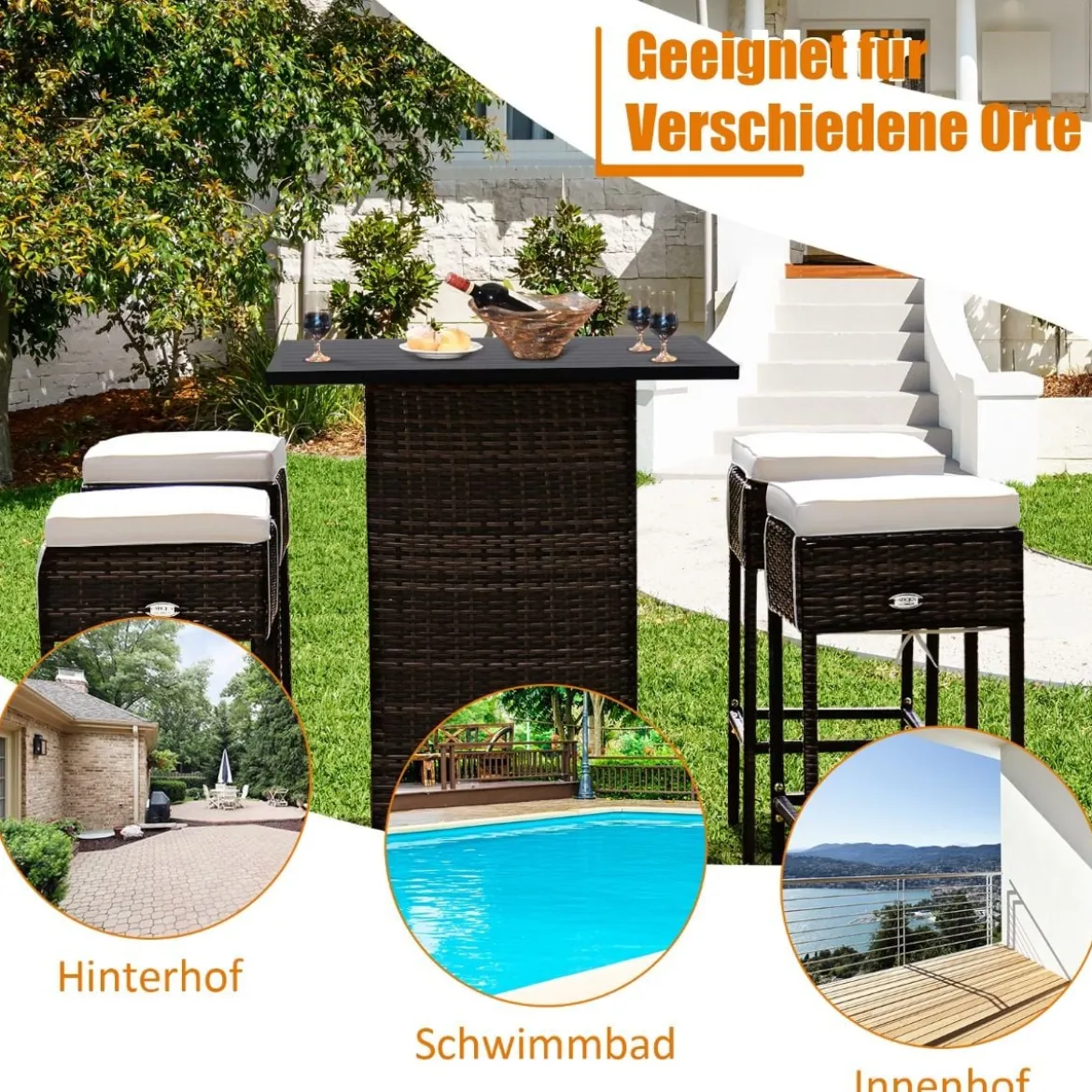 5 TLG. Outdoor-Rattan-Bar-Set Rattan Gartenbar Set Bartisch mit 4 Barhockern & Kissen