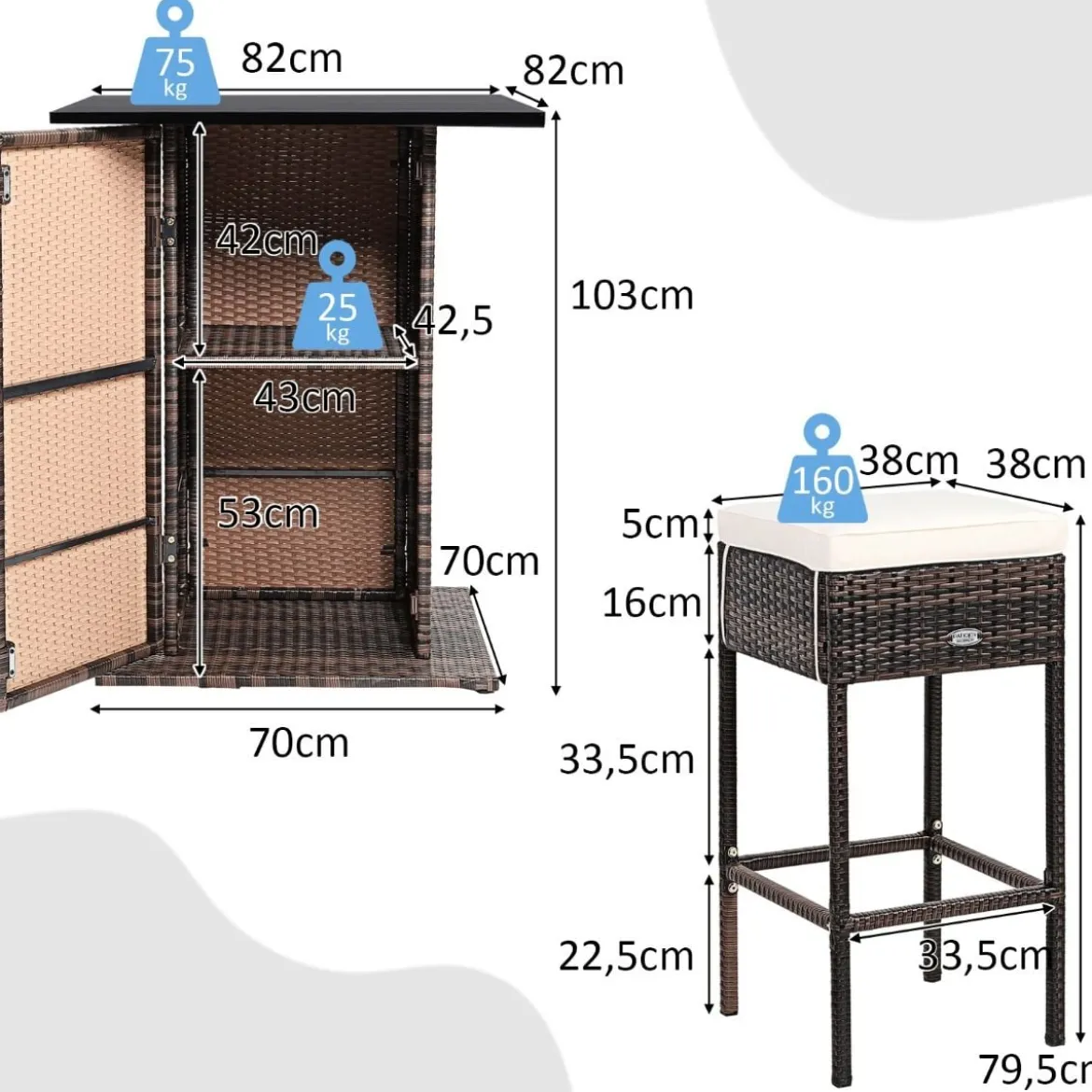 5 TLG. Outdoor-Rattan-Bar-Set Rattan Gartenbar Set Bartisch mit 4 Barhockern & Kissen