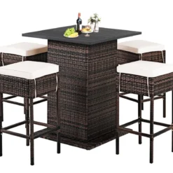 5 TLG. Outdoor-Rattan-Bar-Set Rattan Gartenbar Set Bartisch mit 4 Barhockern & Kissen