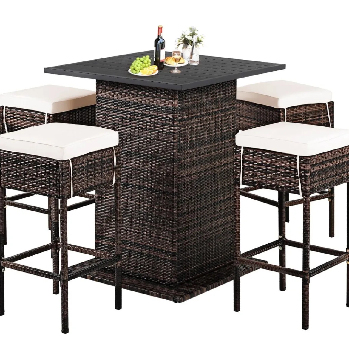 5 TLG. Outdoor-Rattan-Bar-Set Rattan Gartenbar Set Bartisch mit 4 Barhockern & Kissen
