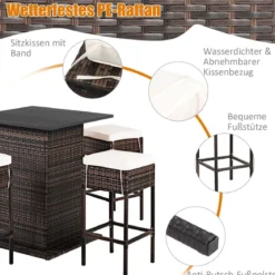 5 TLG. Outdoor-Rattan-Bar-Set Rattan Gartenbar Set Bartisch mit 4 Barhockern & Kissen