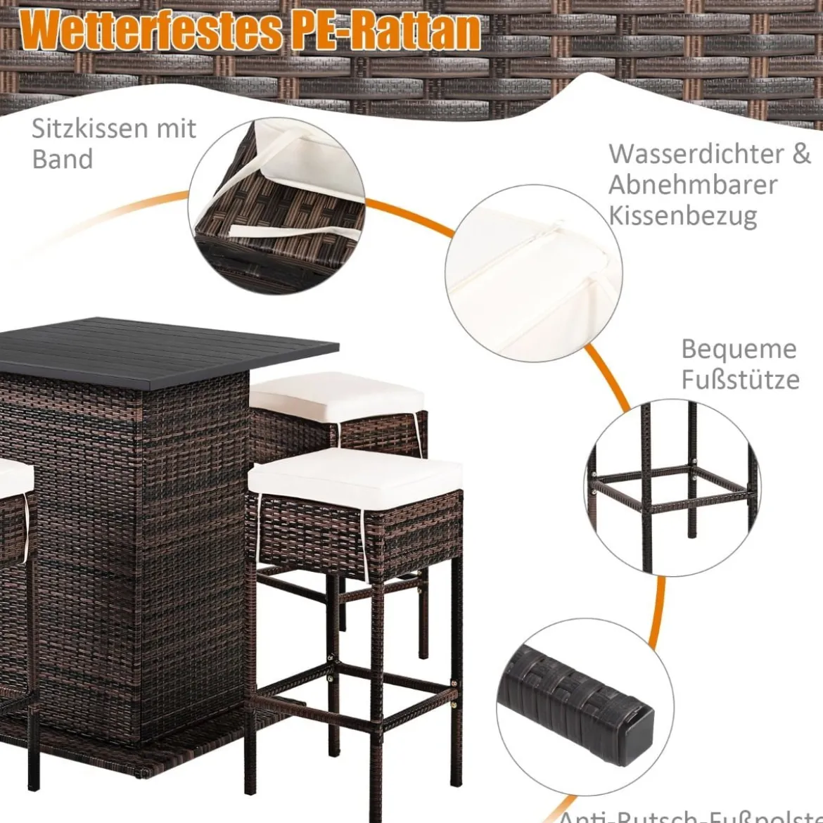 5 TLG. Outdoor-Rattan-Bar-Set Rattan Gartenbar Set Bartisch mit 4 Barhockern & Kissen