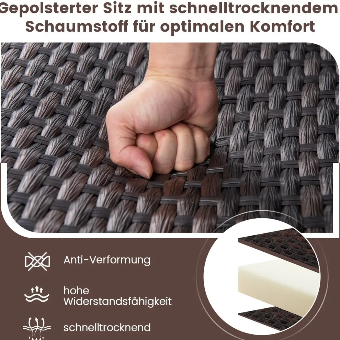 3tlg. Rattan Balkonmöbel Set Balkonset mit 2 Stühlen & Tisch Gartenmöbel mit Gepolstertem Sitz