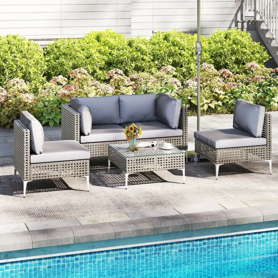 5-TLG Rattan Gartenmöbel Set Balkonmöbel Set mit Sitz- & Rückenkissen Gartengarnitur