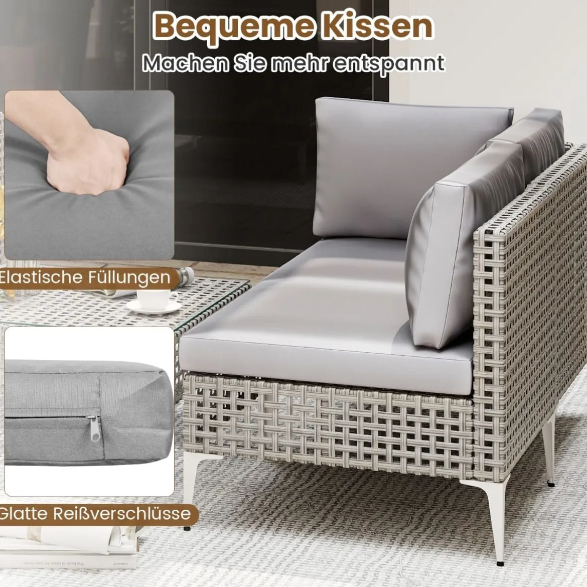 5-TLG Rattan Gartenmöbel Set Balkonmöbel Set mit Sitz- & Rückenkissen Gartengarnitur