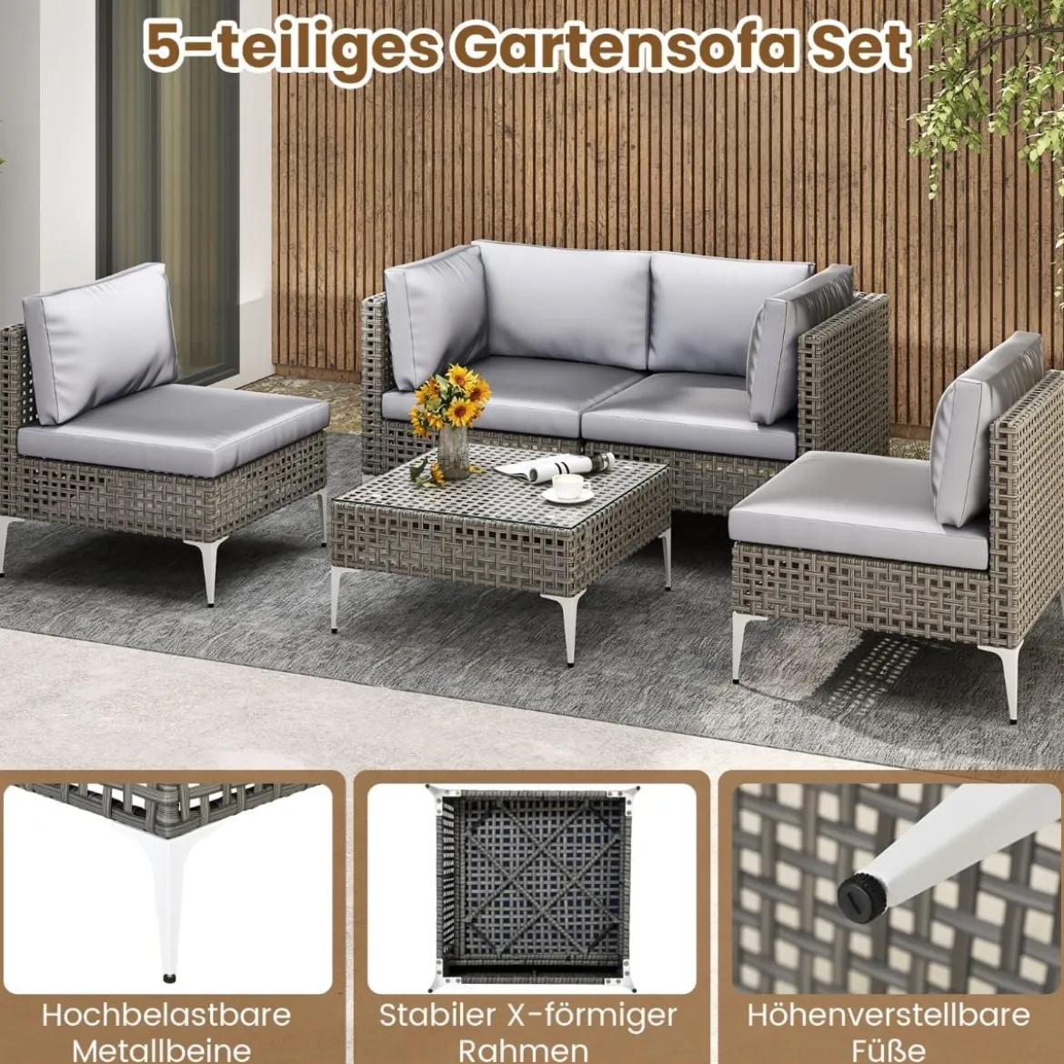 5-TLG Rattan Gartenmöbel Set Balkonmöbel Set mit Sitz- & Rückenkissen Gartengarnitur