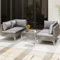 5-TLG Rattan Gartenmöbel Set Balkonmöbel Set mit Sitz- & Rückenkissen Gartengarnitur