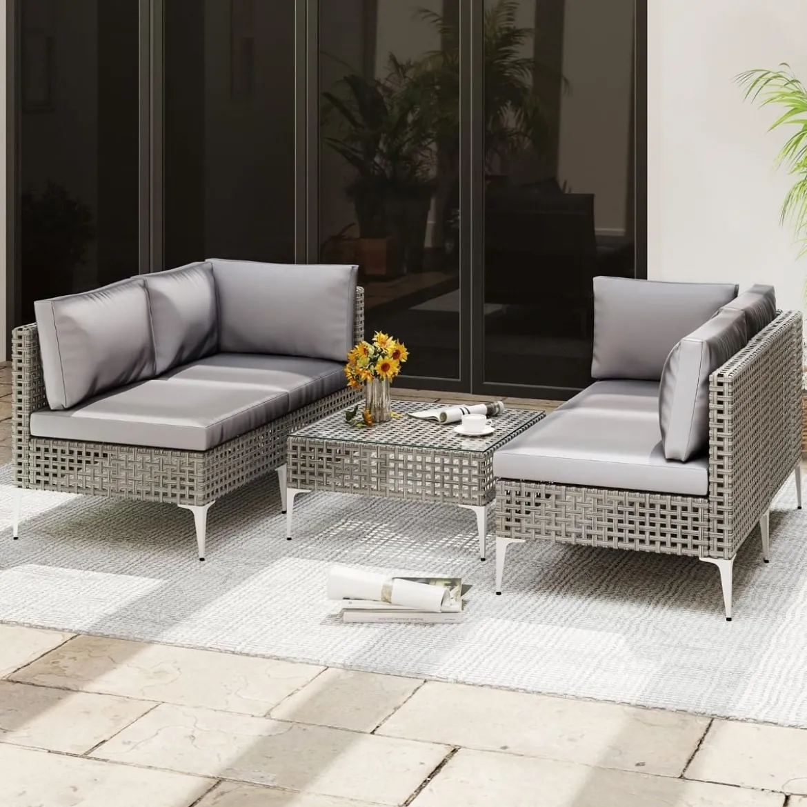 5-TLG Rattan Gartenmöbel Set Balkonmöbel Set mit Sitz- & Rückenkissen Gartengarnitur