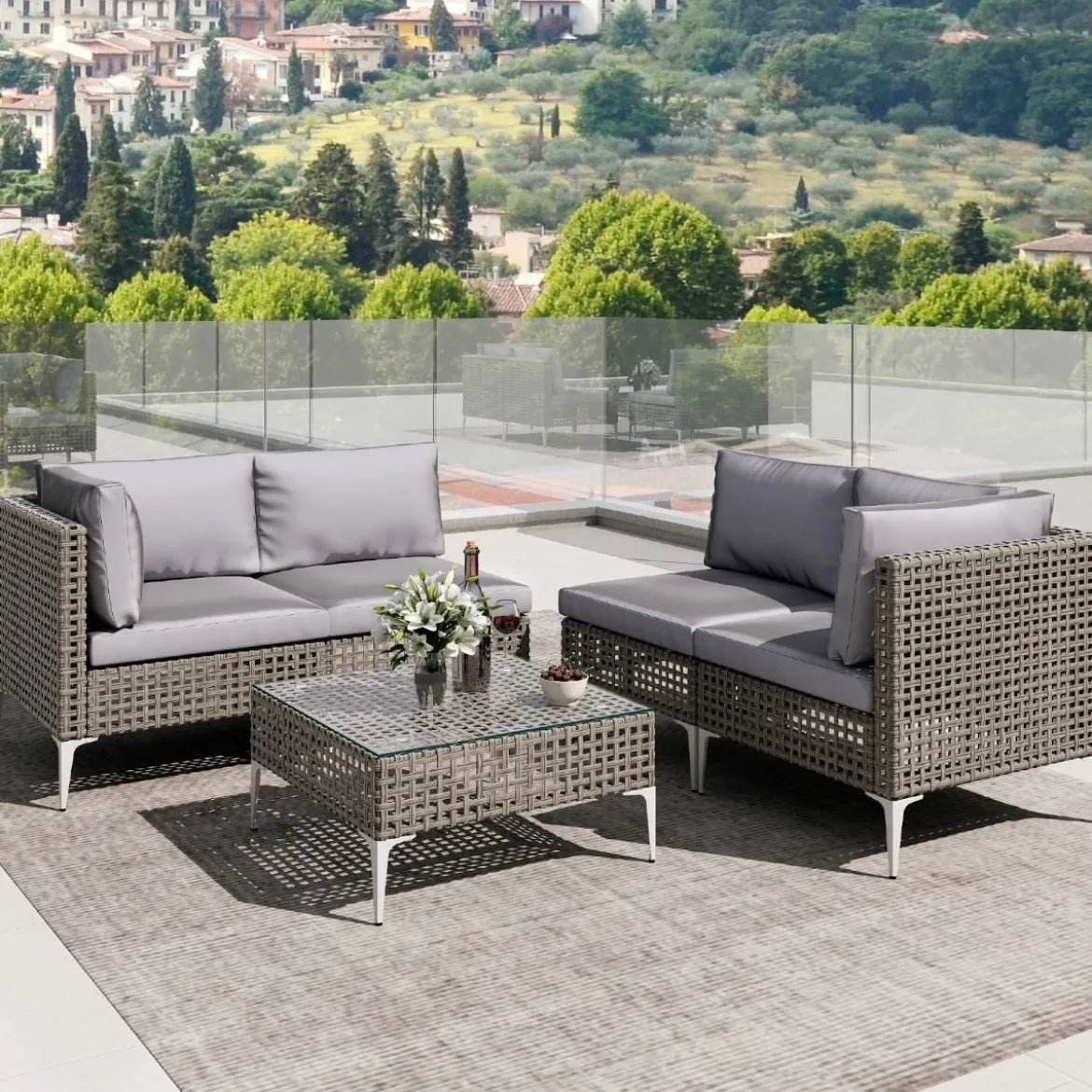 5-TLG Rattan Gartenmöbel Set Balkonmöbel Set mit Sitz- & Rückenkissen Gartengarnitur