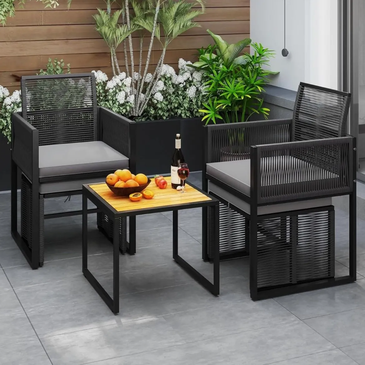 5tlg. Rattan Gartenmöbel Set inkl. 2 Stühle mit Kissen & Hocker & Tisch Balkonset Gartenset