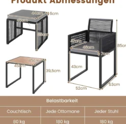5tlg. Rattan Gartenmöbel Set inkl. 2 Stühle mit Kissen & Hocker & Tisch Balkonset Gartenset