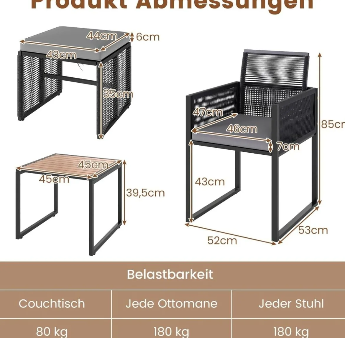 5tlg. Rattan Gartenmöbel Set inkl. 2 Stühle mit Kissen & Hocker & Tisch Balkonset Gartenset