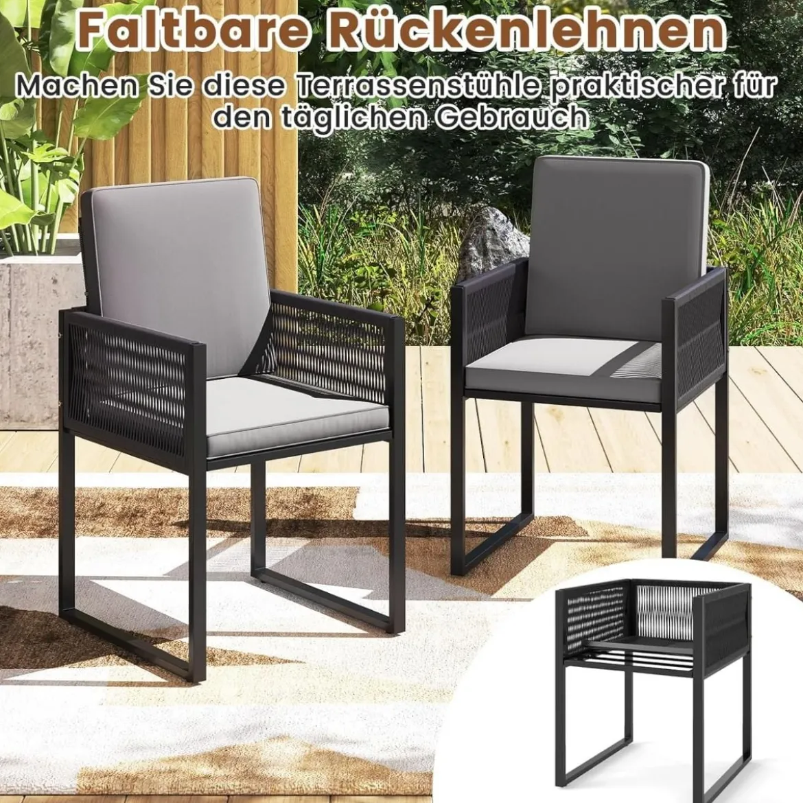5tlg. Rattan Gartenmöbel Set inkl. 2 Stühle mit Kissen & Hocker & Tisch Balkonset Gartenset