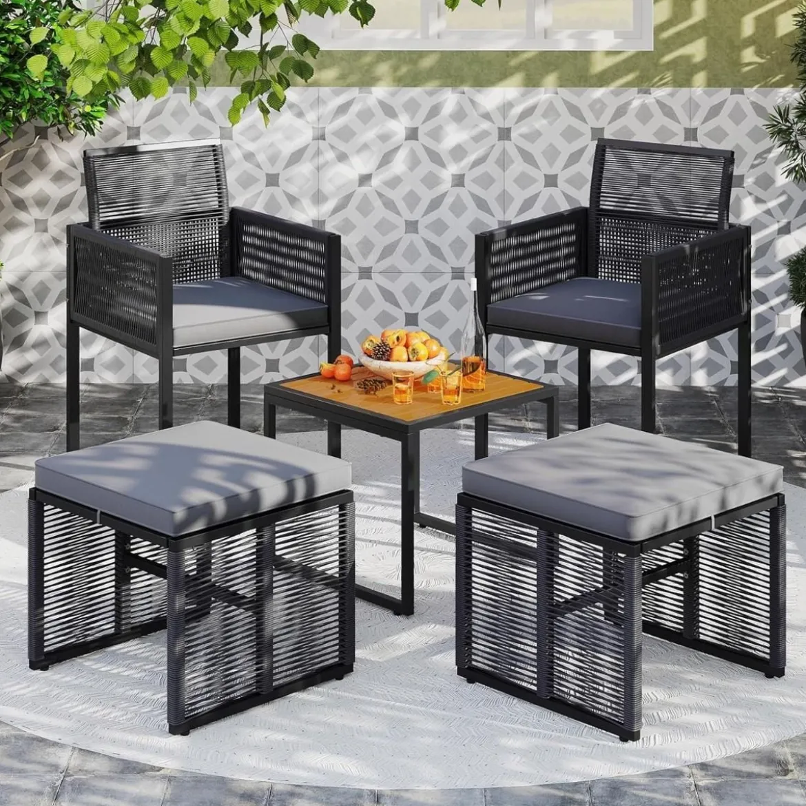 5tlg. Rattan Gartenmöbel Set inkl. 2 Stühle mit Kissen & Hocker & Tisch Balkonset Gartenset