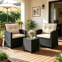 3 TLG. Rattan Gartenmöbel Set inkl. 2 Sessel & 1 Beistelltisch Sitzgarnitur mit Kissen Sitzgruppe