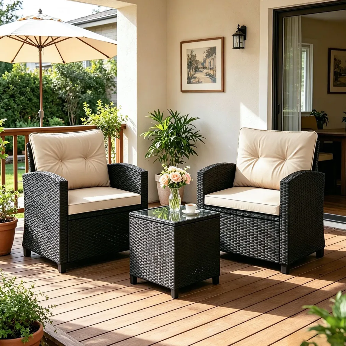3 TLG. Rattan Gartenmöbel Set inkl. 2 Sessel & 1 Beistelltisch Sitzgarnitur mit Kissen Sitzgruppe