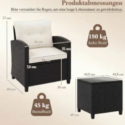 3 TLG. Rattan Gartenmöbel Set inkl. 2 Sessel & 1 Beistelltisch Sitzgarnitur mit Kissen Sitzgruppe