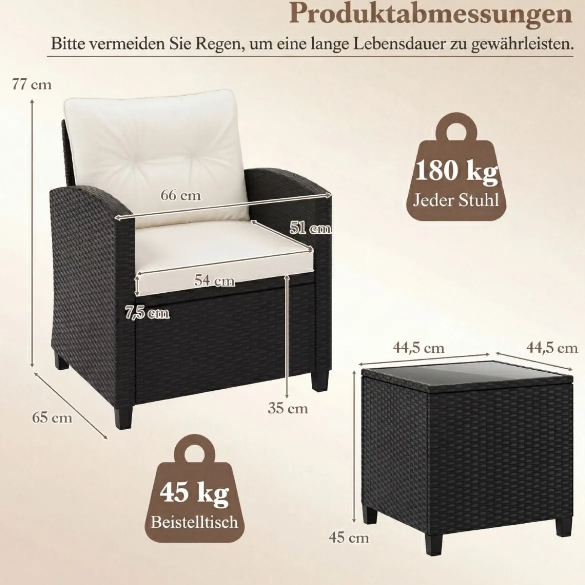 3 TLG. Rattan Gartenmöbel Set inkl. 2 Sessel & 1 Beistelltisch Sitzgarnitur mit Kissen Sitzgruppe