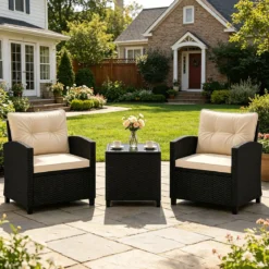 3 TLG. Rattan Gartenmöbel Set inkl. 2 Sessel & 1 Beistelltisch Sitzgarnitur mit Kissen Sitzgruppe