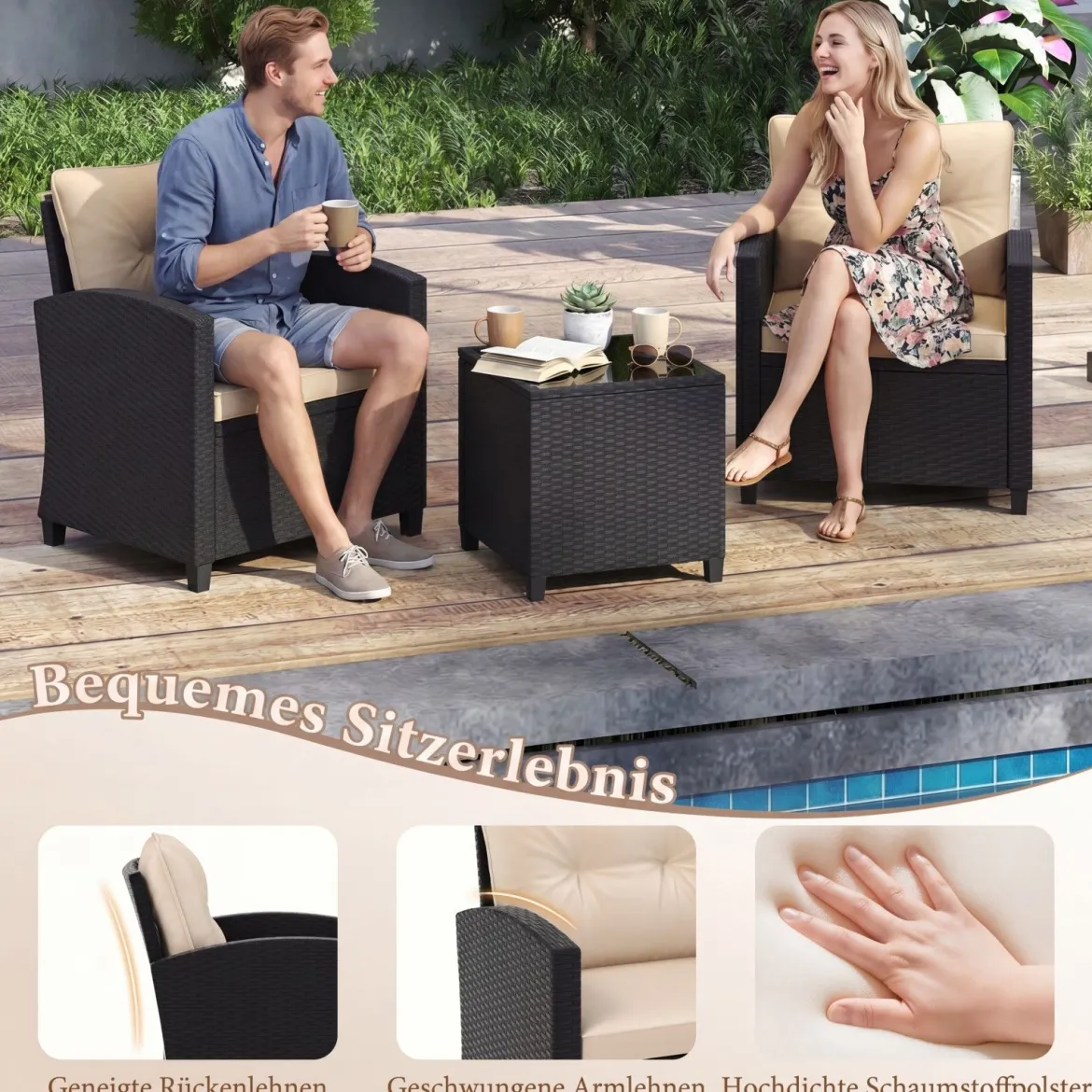 3 TLG. Rattan Gartenmöbel Set inkl. 2 Sessel & 1 Beistelltisch Sitzgarnitur mit Kissen Sitzgruppe