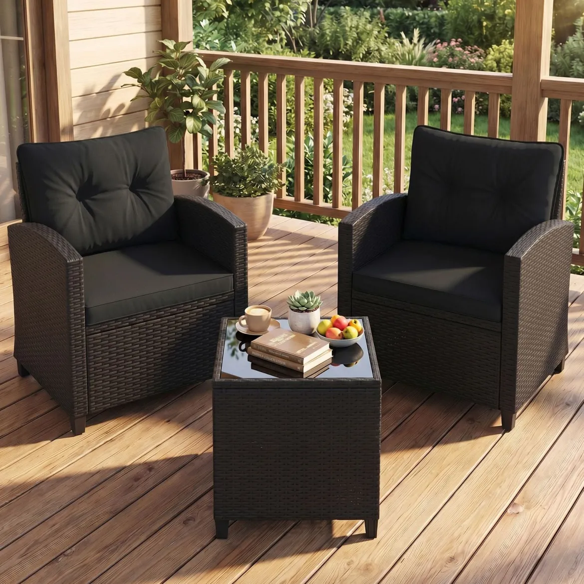 3 TLG. Rattan Gartenmöbel Set inkl. 2 Sessel & 1 Beistelltisch Sitzgarnitur mit Kissen Sitzgruppe