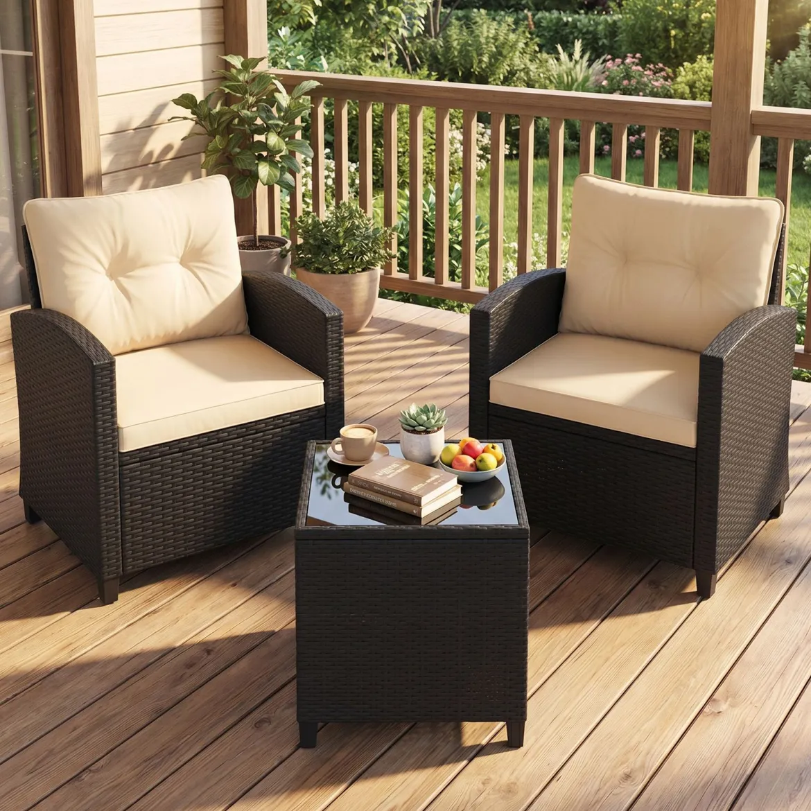 3 TLG. Rattan Gartenmöbel Set inkl. 2 Sessel & 1 Beistelltisch Sitzgarnitur mit Kissen Sitzgruppe