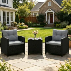 3 TLG. Rattan Gartenmöbel Set inkl. 2 Sessel & 1 Beistelltisch Sitzgarnitur mit Kissen Sitzgruppe