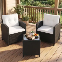 3 TLG. Rattan Gartenmöbel Set inkl. 2 Sessel & 1 Beistelltisch Sitzgarnitur mit Kissen Sitzgruppe