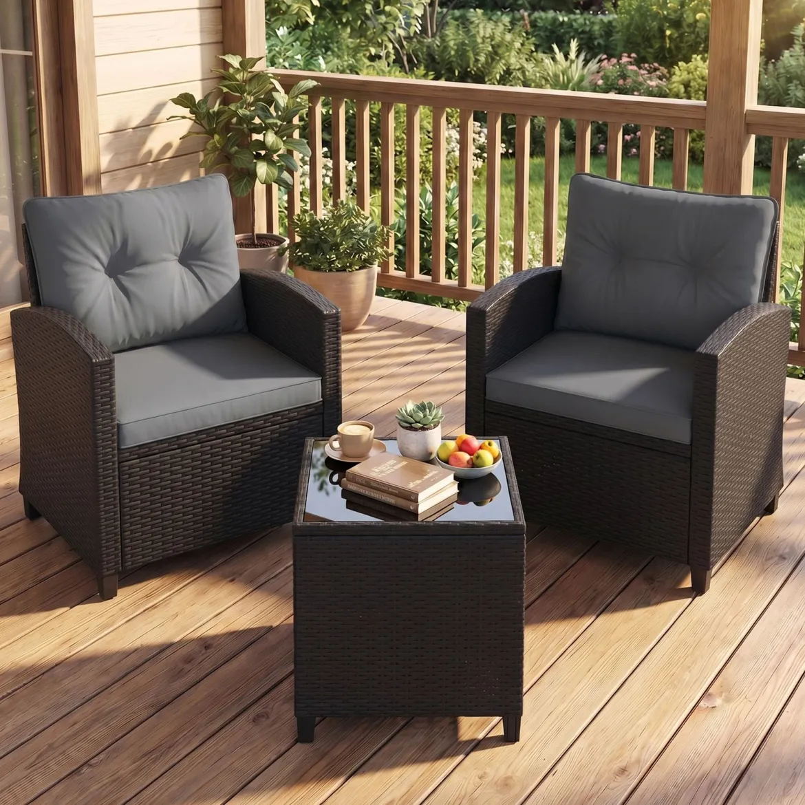 3 TLG. Rattan Gartenmöbel Set inkl. 2 Sessel & 1 Beistelltisch Sitzgarnitur mit Kissen Sitzgruppe