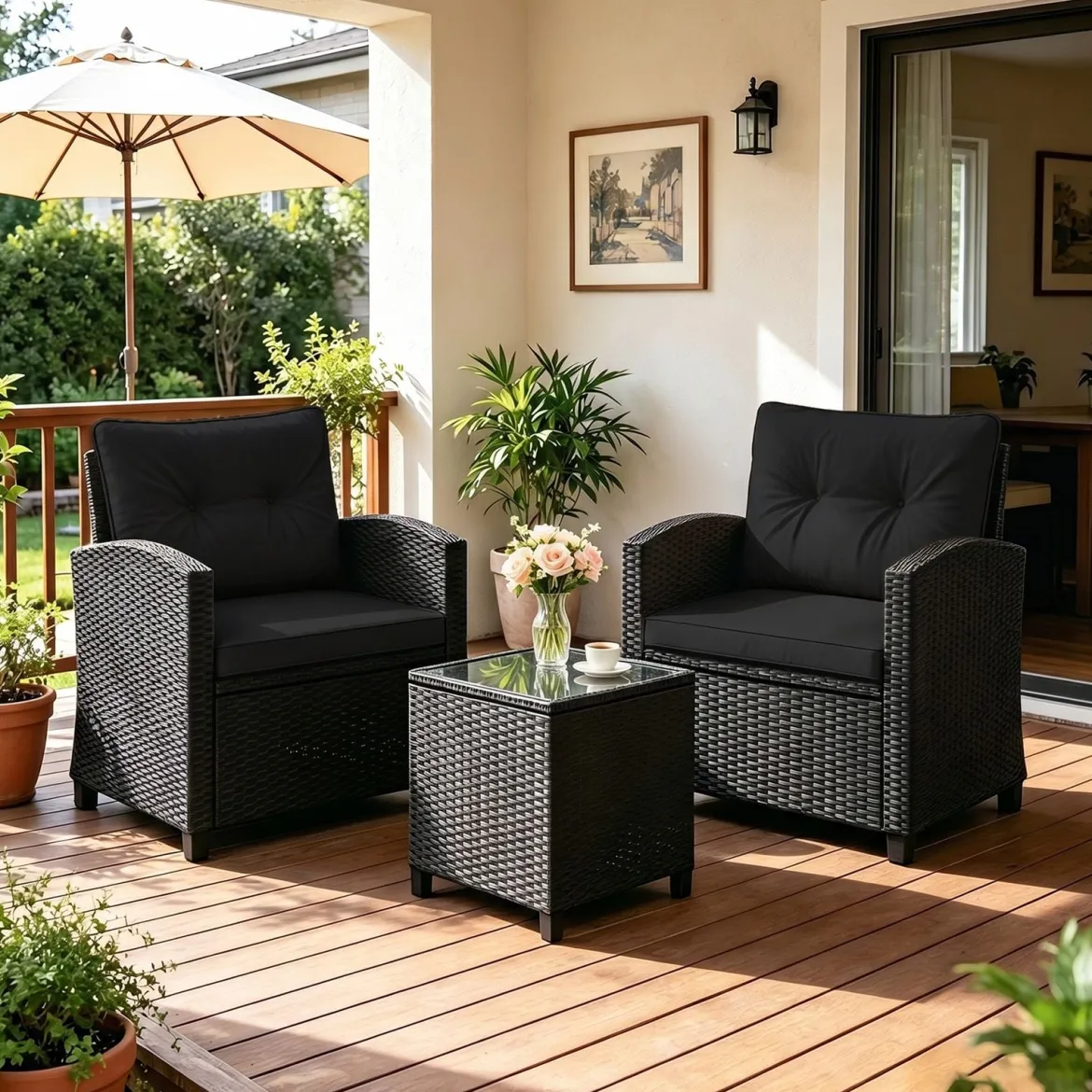 3 TLG. Rattan Gartenmöbel Set inkl. 2 Sessel & 1 Beistelltisch Sitzgarnitur mit Kissen Sitzgruppe