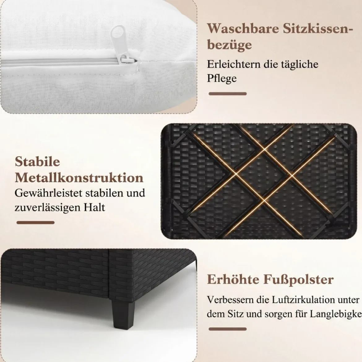 3 TLG. Rattan Gartenmöbel Set inkl. 2 Sessel & 1 Beistelltisch Sitzgarnitur mit Kissen Sitzgruppe