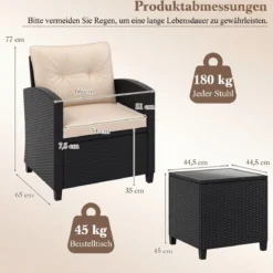 3 TLG. Rattan Gartenmöbel Set inkl. 2 Sessel & 1 Beistelltisch Sitzgarnitur mit Kissen Sitzgruppe