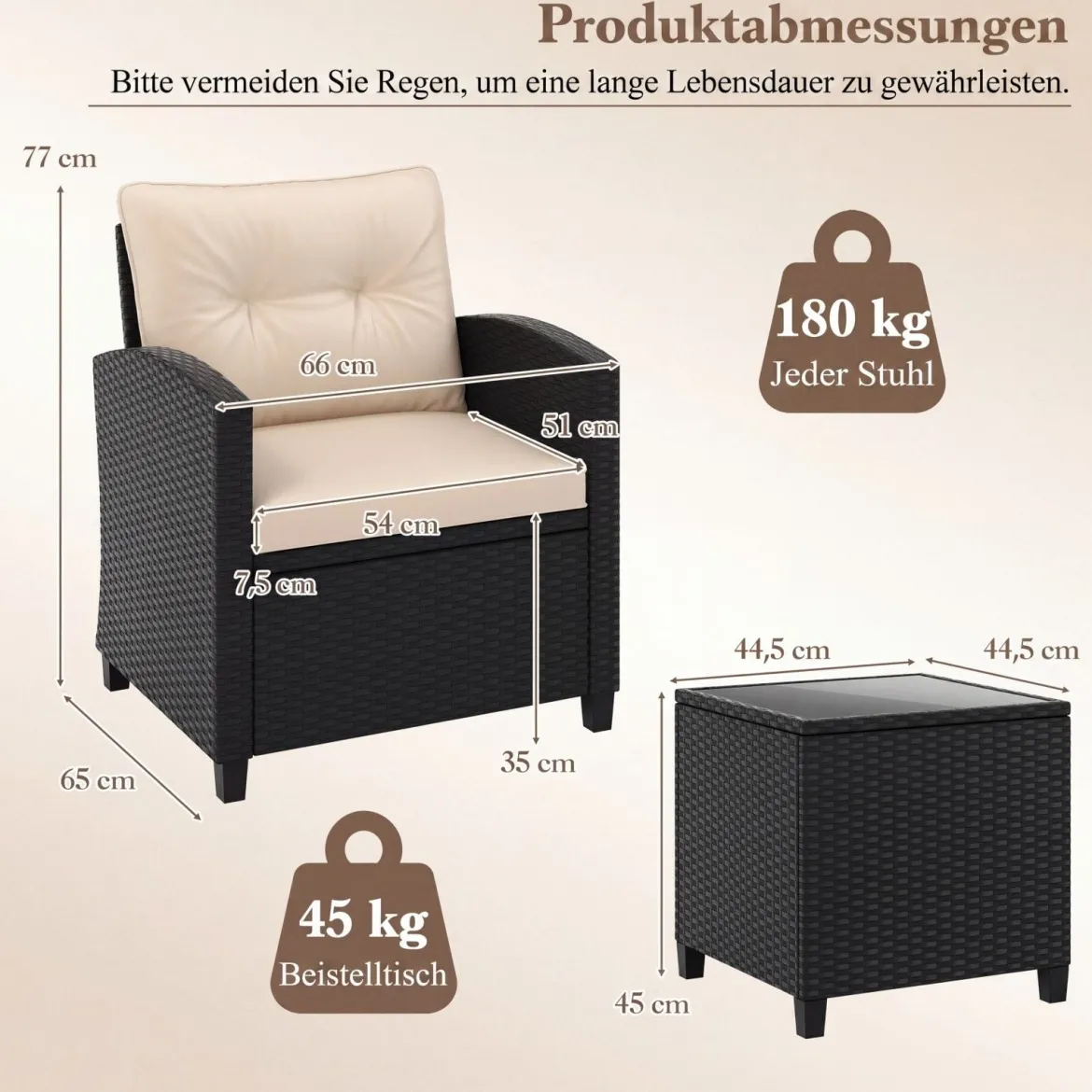 3 TLG. Rattan Gartenmöbel Set inkl. 2 Sessel & 1 Beistelltisch Sitzgarnitur mit Kissen Sitzgruppe
