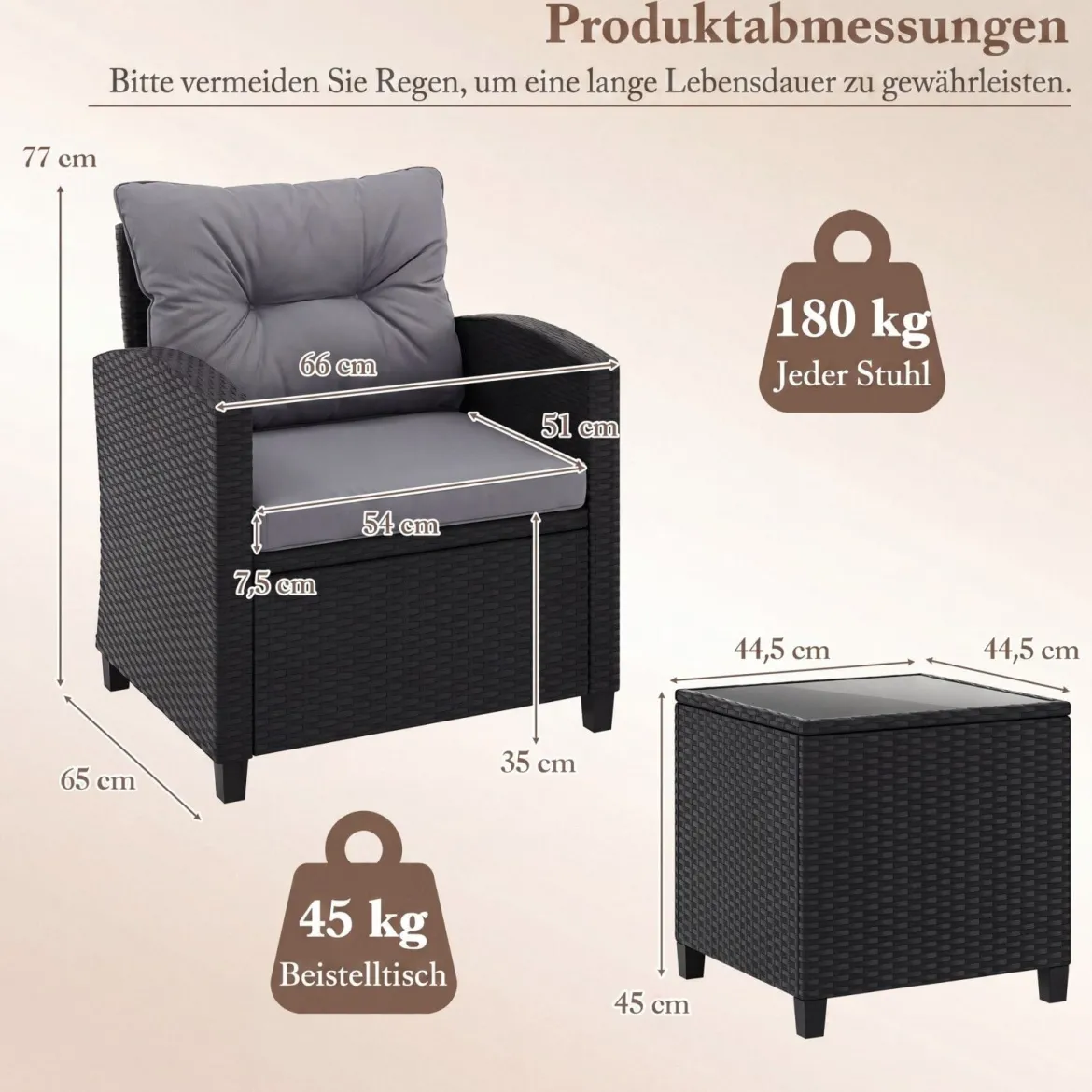 3 TLG. Rattan Gartenmöbel Set inkl. 2 Sessel & 1 Beistelltisch Sitzgarnitur mit Kissen Sitzgruppe