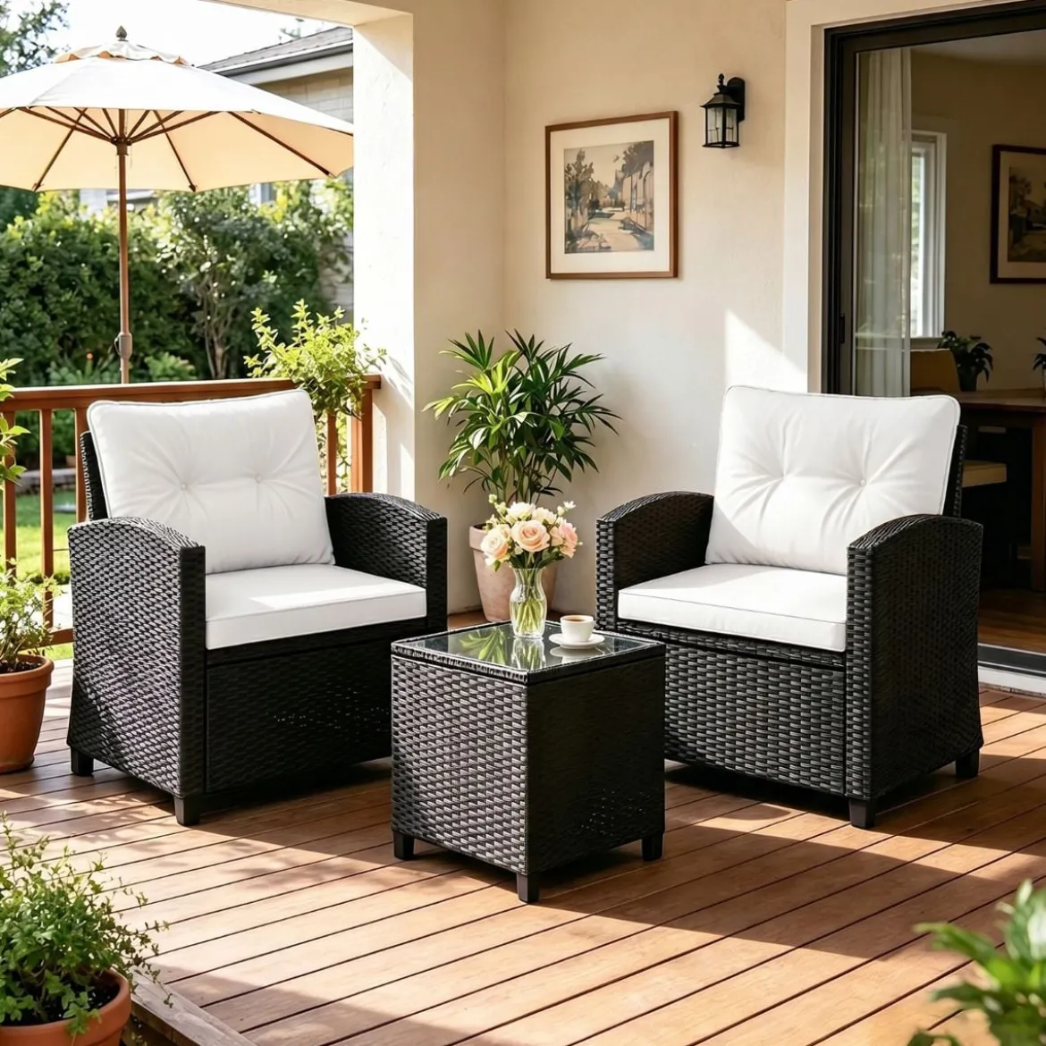 3 TLG. Rattan Gartenmöbel Set inkl. 2 Sessel & 1 Beistelltisch Sitzgarnitur mit Kissen Sitzgruppe