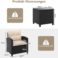 3 TLG. Rattan Gartenmöbel Set inkl. 2 Sessel & 1 Beistelltisch Sitzgarnitur mit Kissen Sitzgruppe