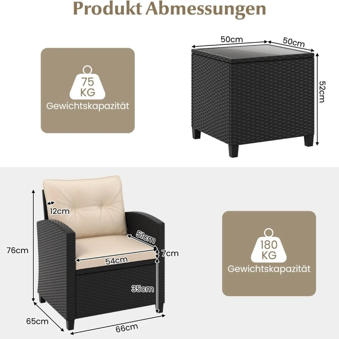 3 TLG. Rattan Gartenmöbel Set inkl. 2 Sessel & 1 Beistelltisch Sitzgarnitur mit Kissen Sitzgruppe