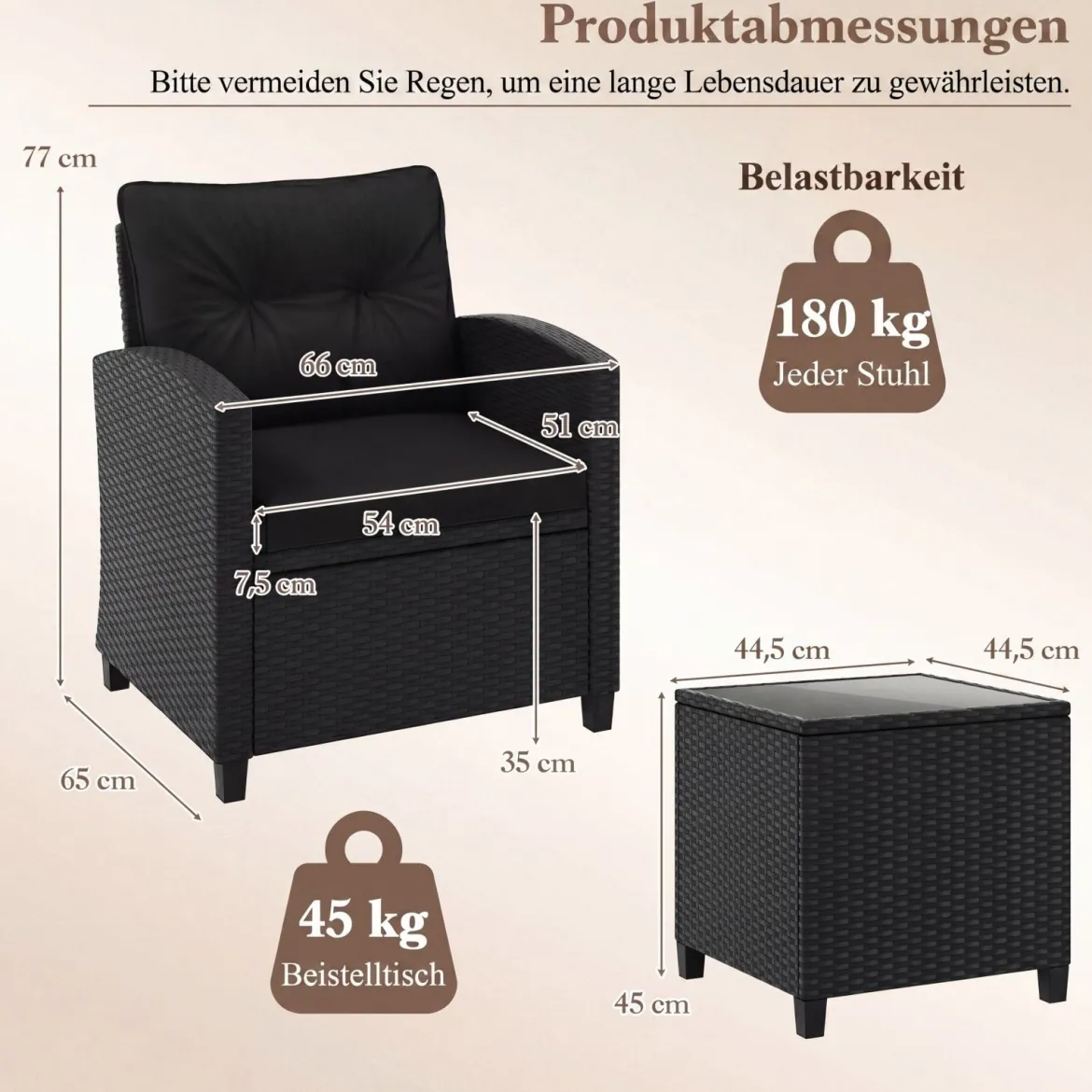 3 TLG. Rattan Gartenmöbel Set inkl. 2 Sessel & 1 Beistelltisch Sitzgarnitur mit Kissen Sitzgruppe