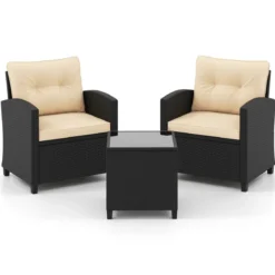 3 TLG. Rattan Gartenmöbel Set inkl. 2 Sessel & 1 Beistelltisch Sitzgarnitur mit Kissen Sitzgruppe