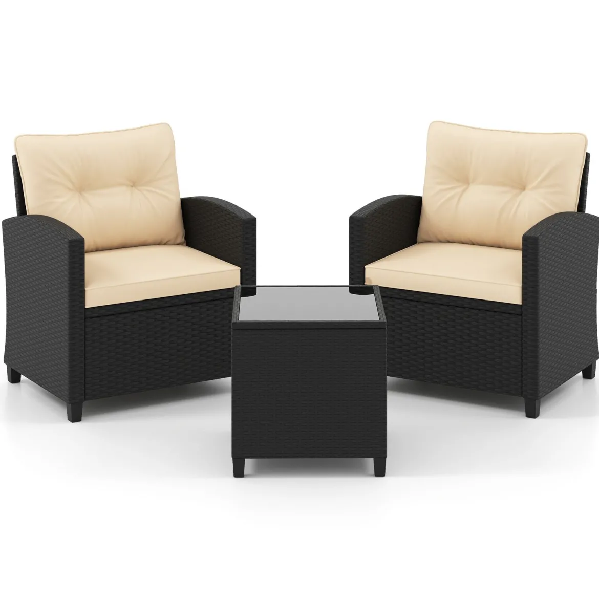 3 TLG. Rattan Gartenmöbel Set inkl. 2 Sessel & 1 Beistelltisch Sitzgarnitur mit Kissen Sitzgruppe