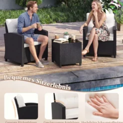 3 TLG. Rattan Gartenmöbel Set inkl. 2 Sessel & 1 Beistelltisch Sitzgarnitur mit Kissen Sitzgruppe