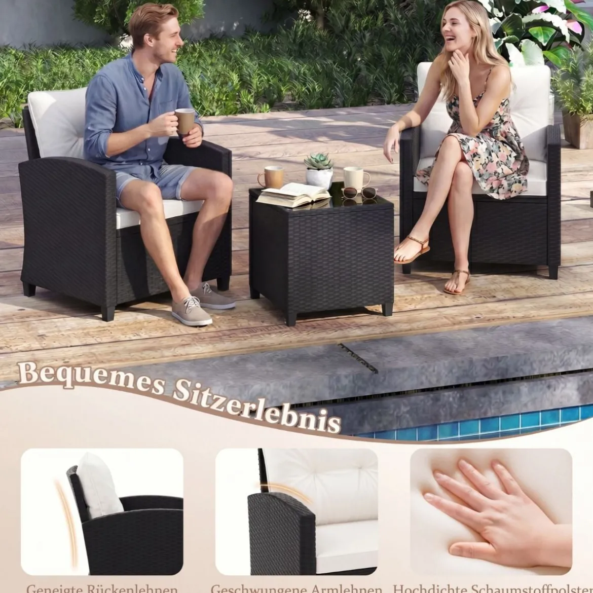 3 TLG. Rattan Gartenmöbel Set inkl. 2 Sessel & 1 Beistelltisch Sitzgarnitur mit Kissen Sitzgruppe
