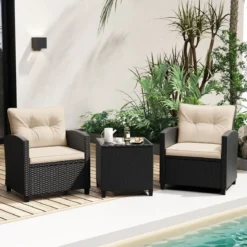 3 TLG. Rattan Gartenmöbel Set inkl. 2 Sessel & 1 Beistelltisch Sitzgarnitur mit Kissen Sitzgruppe
